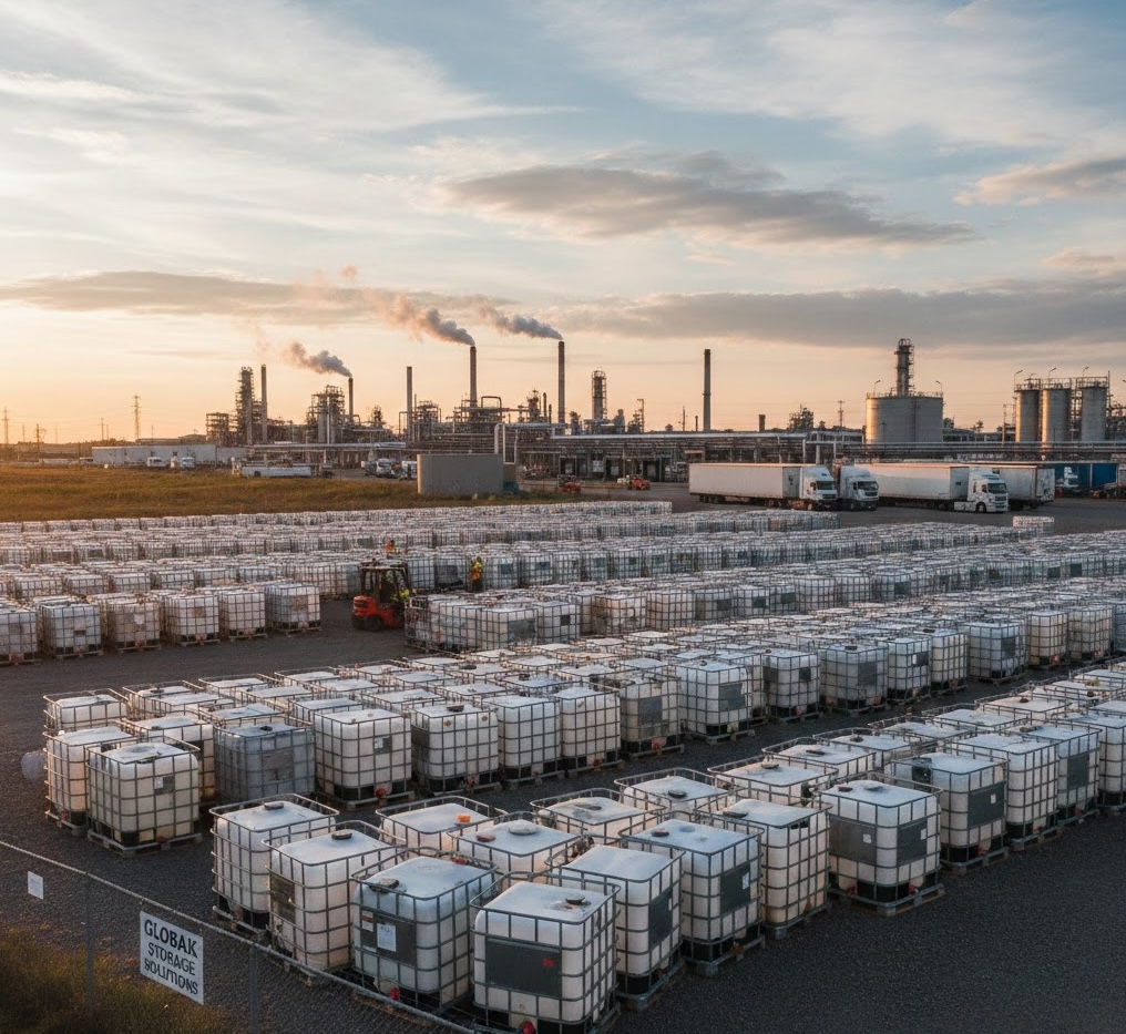 Large IBC container storage facility with industrial backdrop